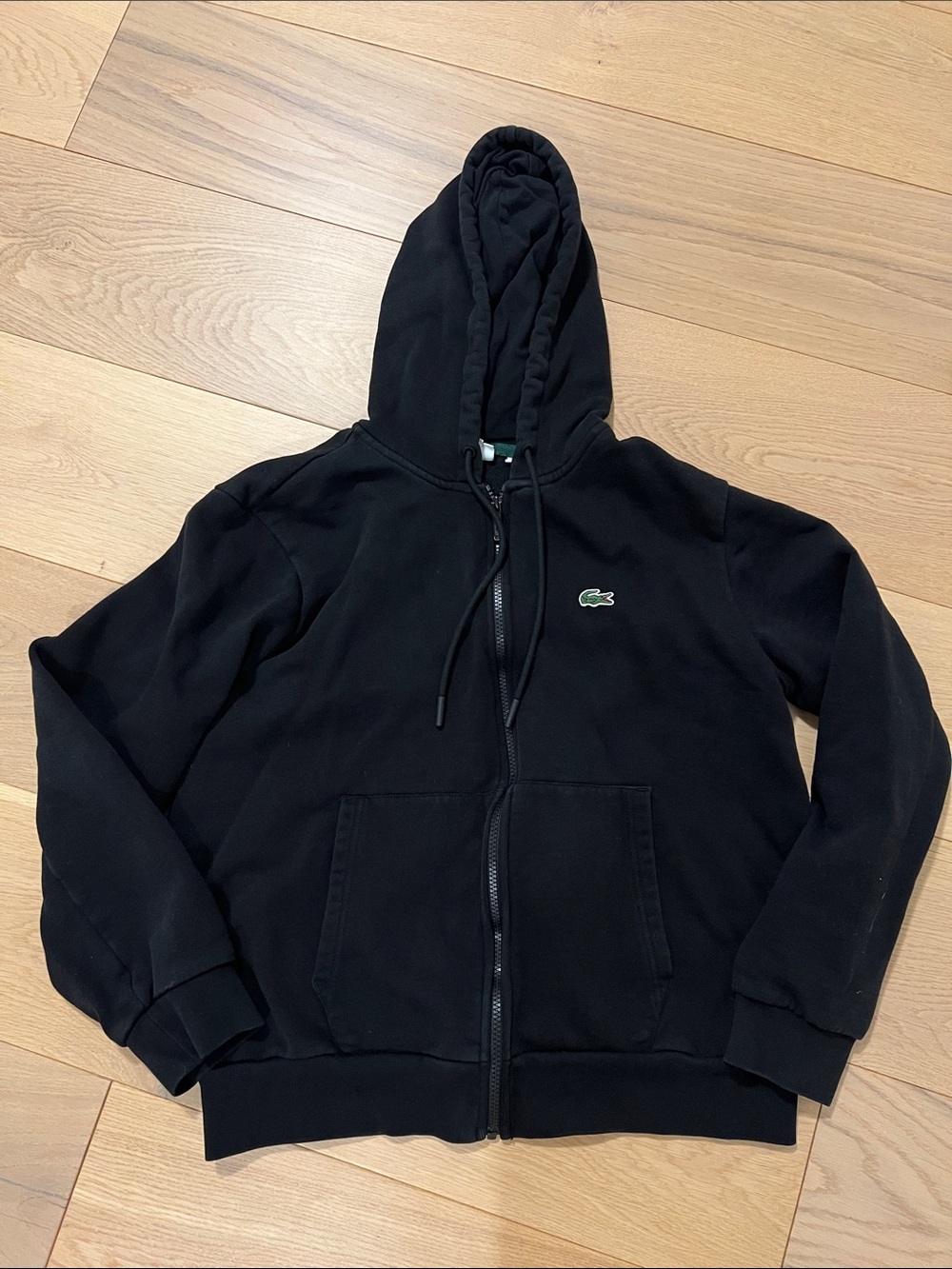 Lacoste Black Full-Zip Hoodie with Green Croc Emblem in Size Large